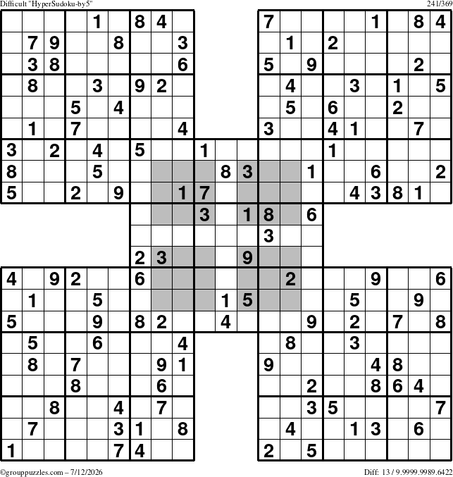 The grouppuzzles.com Difficult HyperSudoku-by5 puzzle for Sunday July 12, 2026