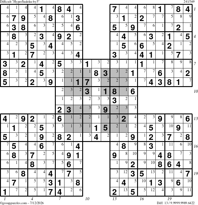 The grouppuzzles.com Difficult HyperSudoku-by5 puzzle for Sunday July 12, 2026 with all 13 steps marked