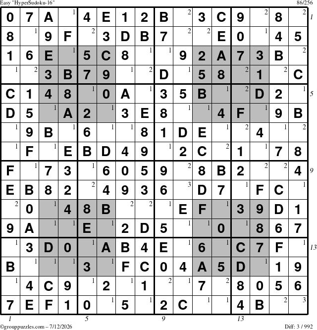 The grouppuzzles.com Easy HyperSudoku-16 puzzle for Sunday July 12, 2026, suitable for printing, with all 3 steps marked