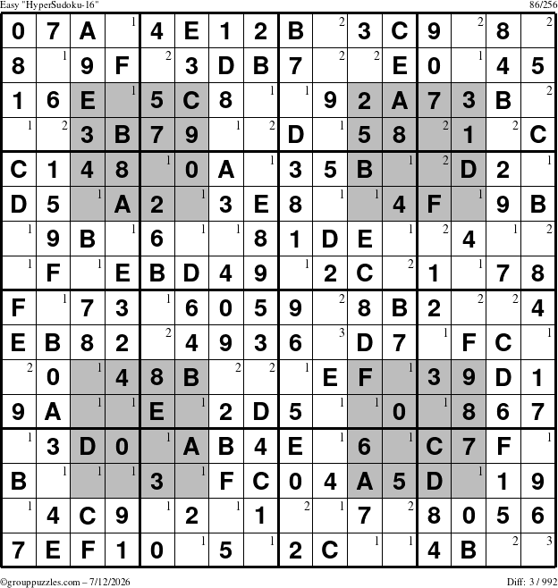 The grouppuzzles.com Easy HyperSudoku-16 puzzle for Sunday July 12, 2026 with the first 3 steps marked