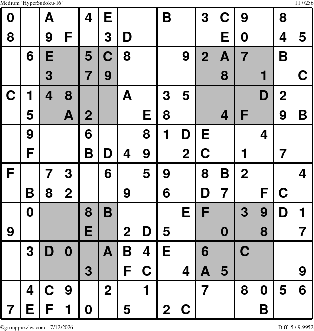The grouppuzzles.com Medium HyperSudoku-16 puzzle for Sunday July 12, 2026