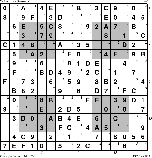 The grouppuzzles.com Medium HyperSudoku-16 puzzle for Sunday July 12, 2026 with all 5 steps marked