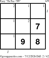 The grouppuzzles.com Easy TicTac-789 puzzle for Sunday July 12, 2026, suitable for printing, with all 2 steps marked