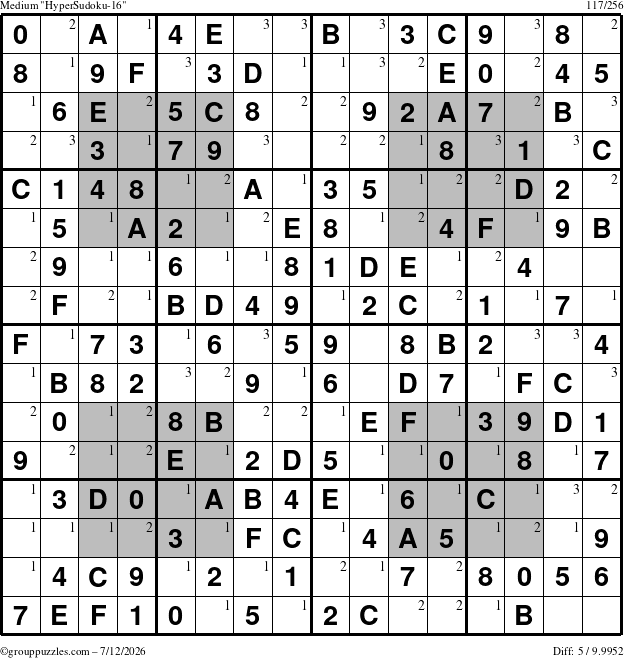 The grouppuzzles.com Medium HyperSudoku-16 puzzle for Sunday July 12, 2026 with the first 3 steps marked