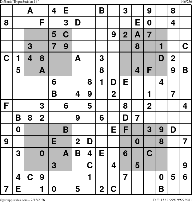 The grouppuzzles.com Difficult HyperSudoku-16 puzzle for Sunday July 12, 2026