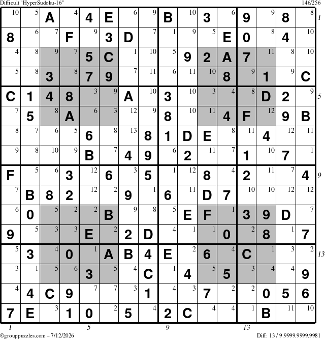 The grouppuzzles.com Difficult HyperSudoku-16 puzzle for Sunday July 12, 2026 with all 13 steps marked