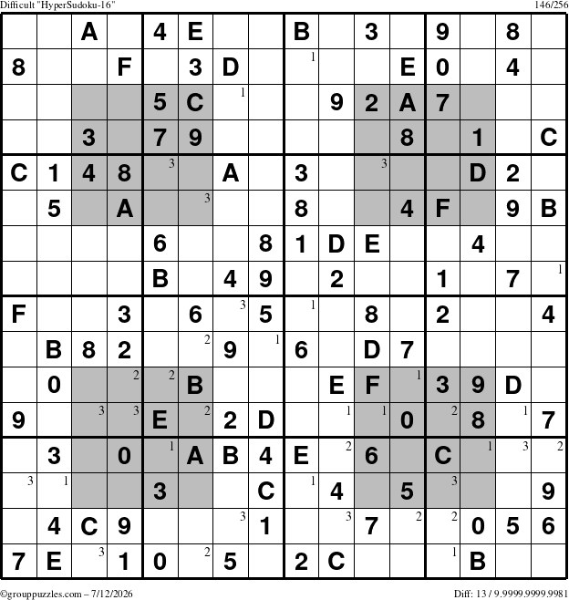 The grouppuzzles.com Difficult HyperSudoku-16 puzzle for Sunday July 12, 2026 with the first 3 steps marked