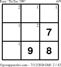 The grouppuzzles.com Easy TicTac-789 puzzle for Sunday July 12, 2026 with the first 2 steps marked