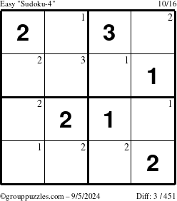 The grouppuzzles.com Easy Sudoku-4 puzzle for Thursday September 5, 2024 with the first 3 steps marked