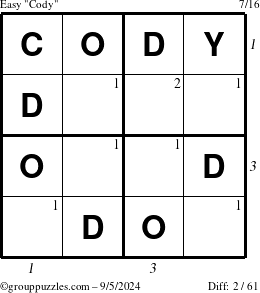 The grouppuzzles.com Easy Cody puzzle for Thursday September 5, 2024 with all 2 steps marked