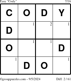 The grouppuzzles.com Easy Cody puzzle for Thursday September 5, 2024 with the first 2 steps marked