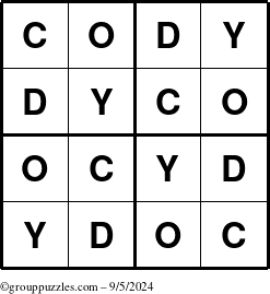 The grouppuzzles.com Answer grid for the Cody puzzle for Thursday September 5, 2024