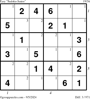 The grouppuzzles.com Easy Sudoku-Junior puzzle for Thursday September 5, 2024 with all 3 steps marked