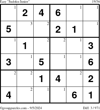 The grouppuzzles.com Easy Sudoku-Junior puzzle for Thursday September 5, 2024 with the first 3 steps marked