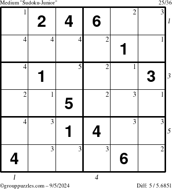 The grouppuzzles.com Medium Sudoku-Junior puzzle for Thursday September 5, 2024 with all 5 steps marked