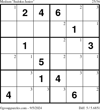 The grouppuzzles.com Medium Sudoku-Junior puzzle for Thursday September 5, 2024 with the first 3 steps marked