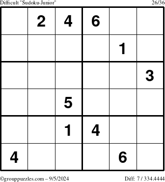 The grouppuzzles.com Difficult Sudoku-Junior puzzle for Thursday September 5, 2024