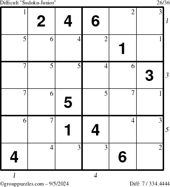 The grouppuzzles.com Difficult Sudoku-Junior puzzle for Thursday September 5, 2024 with all 7 steps marked