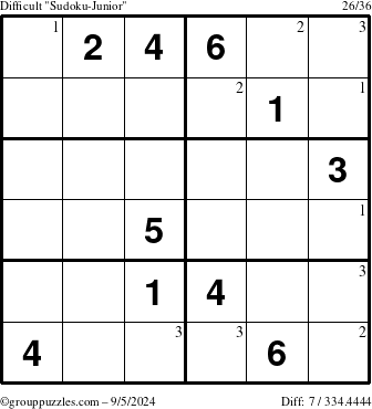 The grouppuzzles.com Difficult Sudoku-Junior puzzle for Thursday September 5, 2024 with the first 3 steps marked