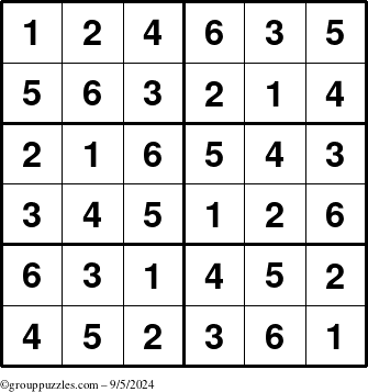 The grouppuzzles.com Answer grid for the Sudoku-Junior puzzle for Thursday September 5, 2024