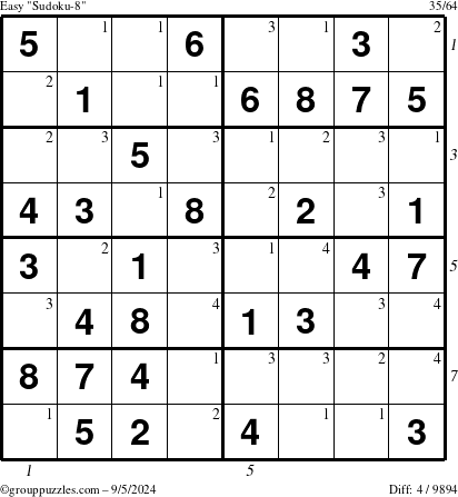 The grouppuzzles.com Easy Sudoku-8 puzzle for Thursday September 5, 2024 with all 4 steps marked