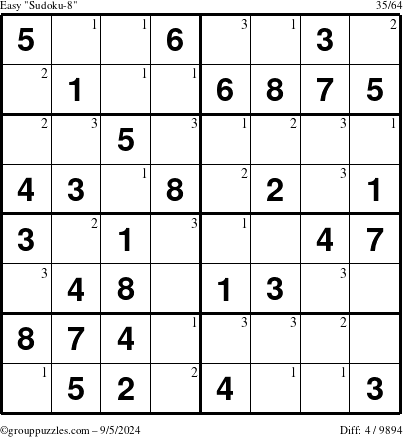 The grouppuzzles.com Easy Sudoku-8 puzzle for Thursday September 5, 2024 with the first 3 steps marked