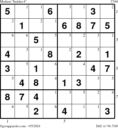 The grouppuzzles.com Medium Sudoku-8 puzzle for Thursday September 5, 2024 with all 6 steps marked