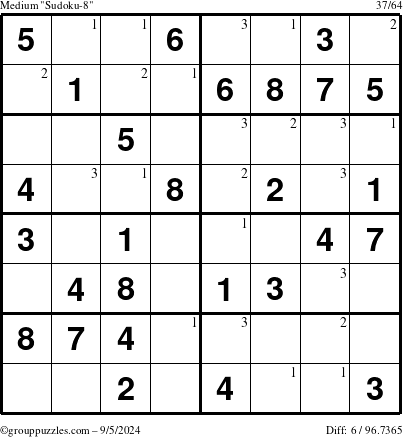 The grouppuzzles.com Medium Sudoku-8 puzzle for Thursday September 5, 2024 with the first 3 steps marked