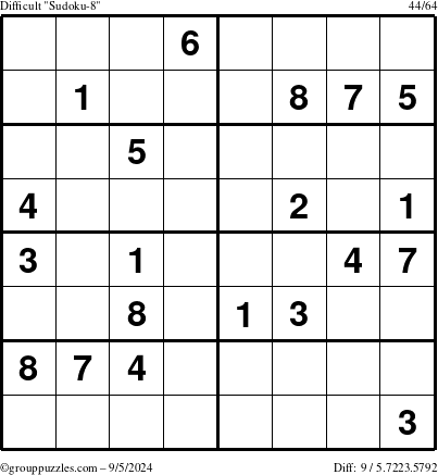 The grouppuzzles.com Difficult Sudoku-8 puzzle for Thursday September 5, 2024