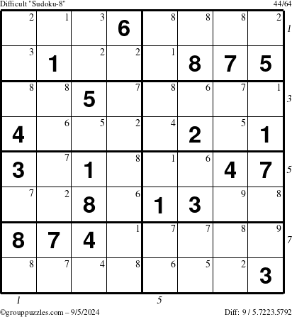 The grouppuzzles.com Difficult Sudoku-8 puzzle for Thursday September 5, 2024 with all 9 steps marked