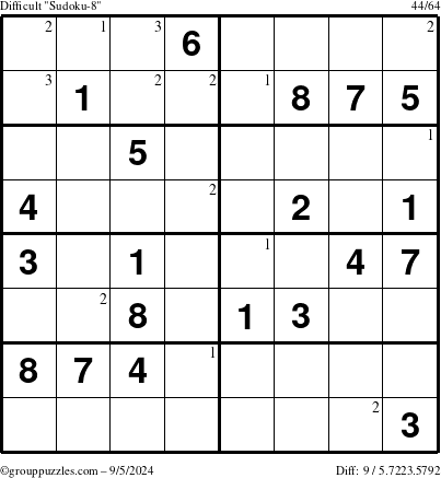 The grouppuzzles.com Difficult Sudoku-8 puzzle for Thursday September 5, 2024 with the first 3 steps marked