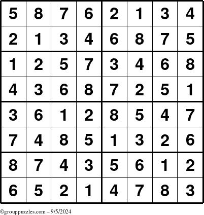 The grouppuzzles.com Answer grid for the Sudoku-8 puzzle for Thursday September 5, 2024