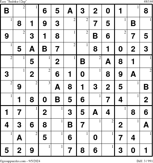 The grouppuzzles.com Easy Sudoku-12up puzzle for Thursday September 5, 2024 with the first 3 steps marked