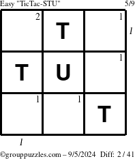 The grouppuzzles.com Easy TicTac-STU puzzle for Thursday September 5, 2024, suitable for printing, with all 2 steps marked