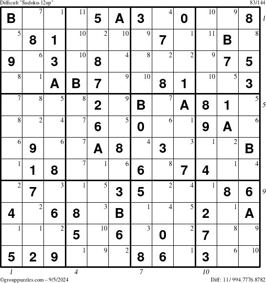 The grouppuzzles.com Difficult Sudoku-12up puzzle for Thursday September 5, 2024 with all 11 steps marked