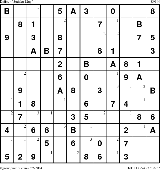 The grouppuzzles.com Difficult Sudoku-12up puzzle for Thursday September 5, 2024 with the first 3 steps marked