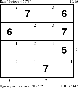 The grouppuzzles.com Easy Sudoku-4-5678 puzzle for Monday February 10, 2025, suitable for printing, with all 3 steps marked