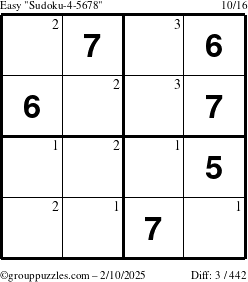 The grouppuzzles.com Easy Sudoku-4-5678 puzzle for Monday February 10, 2025 with the first 3 steps marked