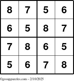 The grouppuzzles.com Answer grid for the Sudoku-4-5678 puzzle for Monday February 10, 2025