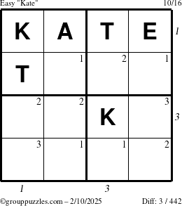 The grouppuzzles.com Easy Kate puzzle for Monday February 10, 2025, suitable for printing, with all 3 steps marked