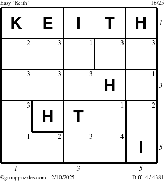 The grouppuzzles.com Easy Keith puzzle for Monday February 10, 2025 with all 4 steps marked