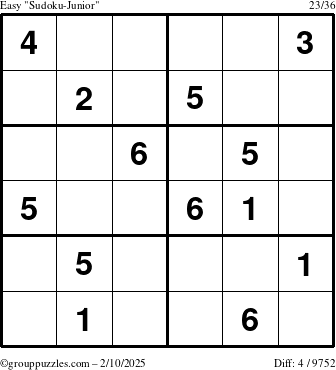 The grouppuzzles.com Easy Sudoku-Junior puzzle for Monday February 10, 2025