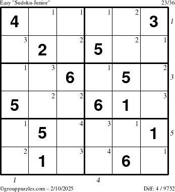 The grouppuzzles.com Easy Sudoku-Junior puzzle for Monday February 10, 2025, suitable for printing, with all 4 steps marked