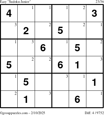 The grouppuzzles.com Easy Sudoku-Junior puzzle for Monday February 10, 2025 with the first 3 steps marked