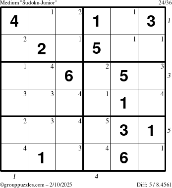 The grouppuzzles.com Medium Sudoku-Junior puzzle for Monday February 10, 2025 with all 5 steps marked