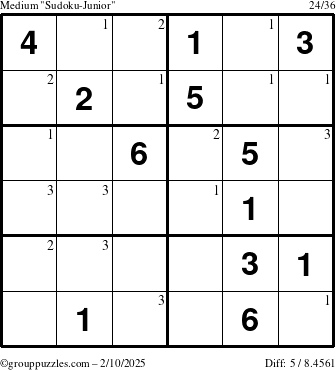 The grouppuzzles.com Medium Sudoku-Junior puzzle for Monday February 10, 2025 with the first 3 steps marked