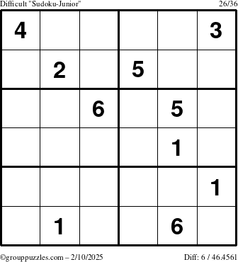 The grouppuzzles.com Difficult Sudoku-Junior puzzle for Monday February 10, 2025