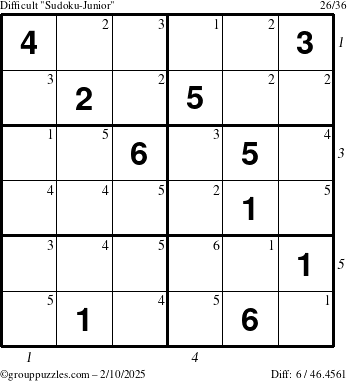 The grouppuzzles.com Difficult Sudoku-Junior puzzle for Monday February 10, 2025, suitable for printing, with all 6 steps marked