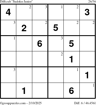 The grouppuzzles.com Difficult Sudoku-Junior puzzle for Monday February 10, 2025 with the first 3 steps marked