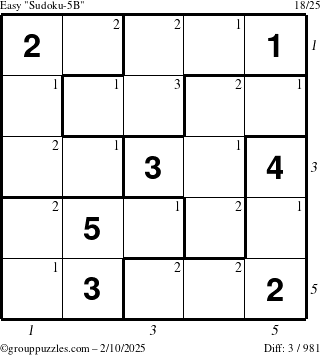 The grouppuzzles.com Easy Sudoku-5B puzzle for Monday February 10, 2025 with all 3 steps marked